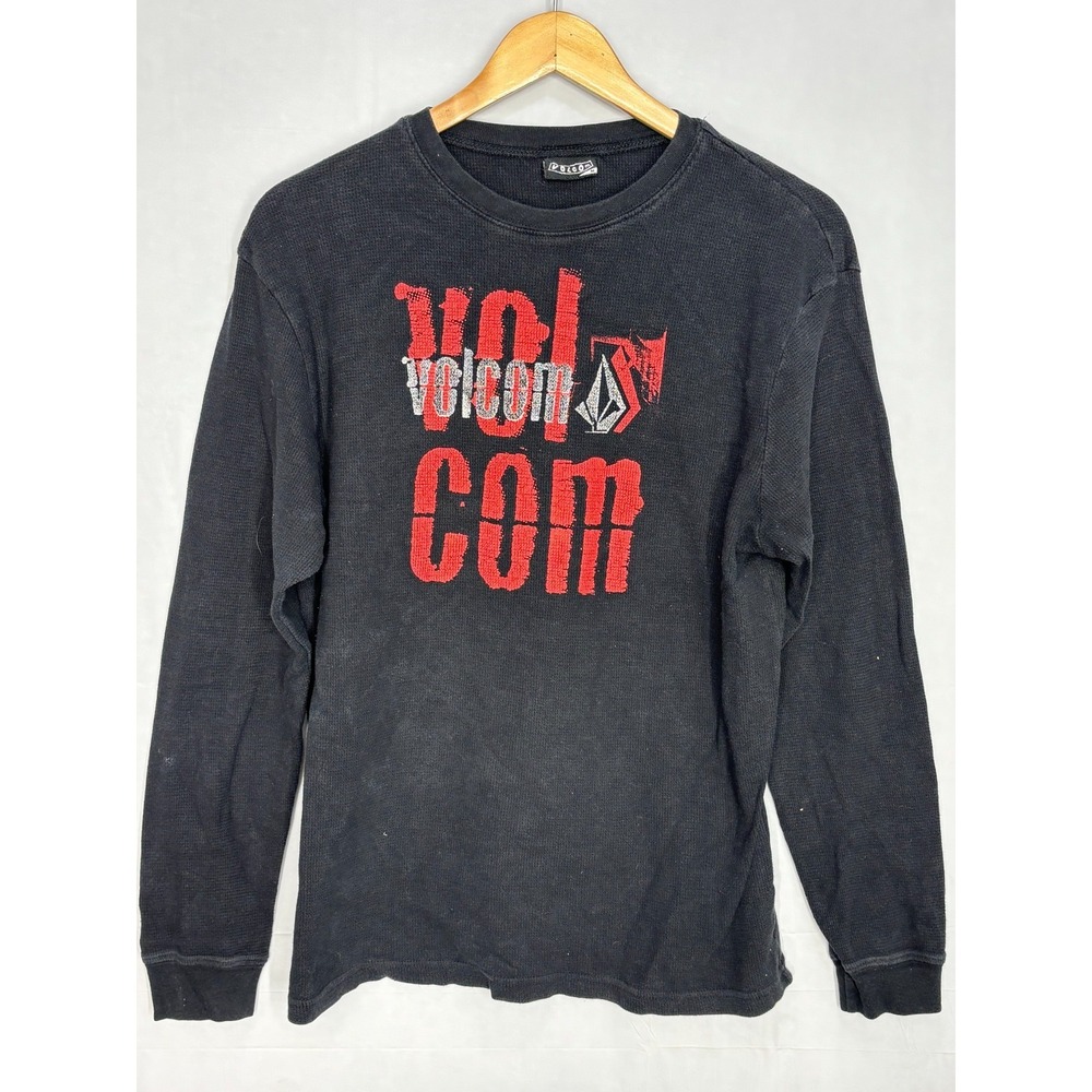 Volcom T-Shirt Mens Black M Graphic Red Stone Logo Crew Neck Long Sleeve Vintage